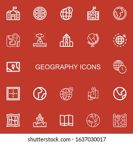 Editable 22 geography icons for web and mobile. Set of geography included icons line School, Terra, Global, Earth globe, Map, Eruption, Globe, World, Worldwide on red background