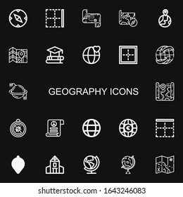 Editable 22 geography icons for web and mobile. Set of geography included icons line Compass, Border, Map, Earth globe, Education, World, Worldwide, Planet on black background