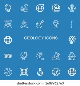 Editable 22 geology icons for web and mobile. Set of geology included icons line Globe, Mountains, World, Fossil, Mountain, Volcano, Stone, Earth globe, Parallel world on blue background