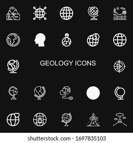 Editable 22 geology icons for web and mobile. Set of geology included icons line Mountains, World, Global, Earth globe, Geology, Globe, Earth, Mountain, Volcano on black background