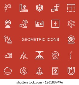 Editable 22 geometric icons for web and mobile. Set of geometric included icons line Cynicism, Cube, Mosaic, Border, Webcam, Cylinder, d, Download, Molecule on red background