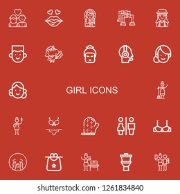 Editable 22 girl icons for web and mobile. Set of girl included icons line Couple, Kiss, Eskimo, Pushup, Girl, Avatar, Unicorn, Geisha, Customer service, Woman on red background