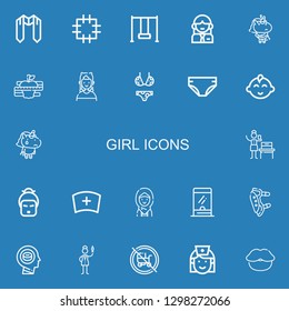 Editable 22 girl icons for web and mobile. Set of girl included icons line Sash, Patch, Swing, Woman, Unicorn, Diet, Boy, Bikini, Diaper, Baby boy, Woman suffrage on blue background