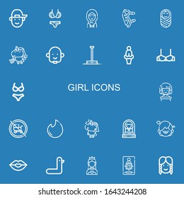 Editable 22 girl icons for web and mobile. Set of girl included icons line Boy, Bikini, Woman, Pads, Baby, Unicorn, Avatar, Pole dance, Venus, Brassiere, Baby carriage on blue background