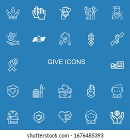Editable 22 da iconos para la web y el móvil. Juego de premios incluidos línea donación de sangre, aplauso, transfusión de sangre, donante, donación, caridad, crecimiento, sin hogar con fondo azul