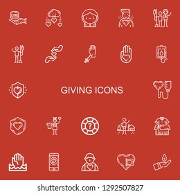 Editable 22 giving icons for web and mobile. Set of giving included icons line Food donation, Charity, Donor, Blood donation, Donation, Help, Shelter, Clothes on red background