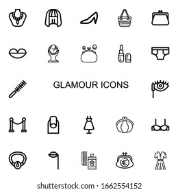 Editable 22 glamour icons for web and mobile. Set of glamour included icons line Necklace, Wig, Heels, Hand bag, Purse, Lips, Lipstick, Underwear, Comb, Mascara on white background