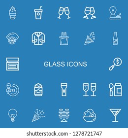 Editable 22 glass icons for web and mobile. Set of glass included icons line Ice cream, Smoothie, Toast, Bulb, Lemon, Lab coat, Magic, Party, Drink, Cream, Magnifying glass on blue background