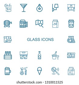 Editable 22 glass icons for web and mobile. Set of glass included icons line Lemon juice, Cocktail, Bauble, Lamp, Window, Beer, Search, Milk, Jam, Flask, Drink on white background