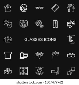 Editable 22 glasses icons for web and mobile. Set of glasses included icons line Clothing, Grandmother, Glasses, Movie film, Toast, Theater, Virtual reality on black background