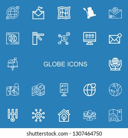 Editable 22 globe icons for web and mobile. Set of globe included icons line Worldwide, Email, Map, Logistic, Network, Access, Web, World, Flight information on blue background