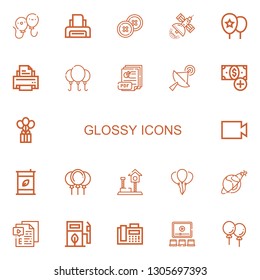 Editable 22 glossy icons for web and mobile. Set of glossy included icons line Balloons, Printer, Button, Satellite, Balloon, Pdf, Add button, Video, Eco fuel on white background