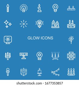 Editable 22 glow icons for web and mobile. Set of glow included icons line Candle, Lightbulb, Light, Candles, Shines, Brightness, Sparkler, Spotlight, Torch on blue background