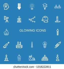 Editable 22 glowing icons for web and mobile. Set of glowing included icons line Inspiration, Lightbulb, Bulb, Candles, Light, Candle, Full moon, Laser pen on blue background