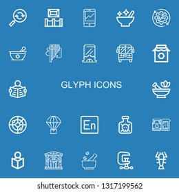 Editable 22 glyph icons for web and mobile. Set of glyph included icons line Reload, Museum, Visitor, Mortar, Setup, Panpipe, School bus, Jam, Read, Radar, Parachute on blue background