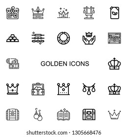 Editable 22 golden icons for web and mobile. Set of golden included icons line Open, Crown, Chest, Fuel, Ingots, Jewelry, Necklace, Treasure, Gold, Earrings on white background