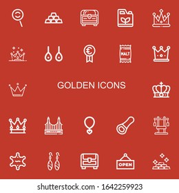Editable 22 golden icons for web and mobile. Set of golden included icons line Dodge, Ingots, Chest, Gasoline, Crown, Earrings, Prize, Malt, Golden gate, Necklace on red background