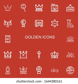 Bearbeitbar 22 goldene Icons für Web und Mobile. Set mit golden inklusive Symbole Linie Crown, Dodge, Benzoline, Open, Ketten, Preis, Brust, Sheriff, Vitamin C, Malz auf rotem Hintergrund