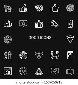 Editable 22 good icons for web and mobile. Set of good included icons line Pizza, Thumbs up, Thumb up, Like, Recommendation, Satisfaction, Horseshoe, Thumb down on black background