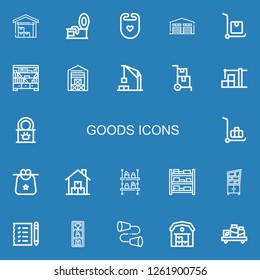 Editable 22 goods icons for web and mobile. Set of goods included icons line Warehouse, Tin, Bib, Delivery cart, Shelves, Harbor crane, Tinned food, Shelf, Shopping list on blue background