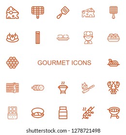 Editable 22 gourmet icons for web and mobile. Set of gourmet included icons line Cheese, Grill, Spatula, Bitterballen, Churros, Croquette, Chef, Takoyaki, Caviar on white background