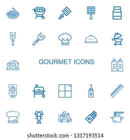 Editable 22 gourmet icons for web and mobile. Set of gourmet included icons line Pad thai, Grill, Spatula, Mayonnaise, Chef, Tray, Cheese, Sauce, Ketchup, Delicious on white background