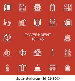 Editable 22 government icons for web and mobile. Set of government included icons line Office building, Buildings, Building, Speakers, Speaker, Museum, Tax office on red background