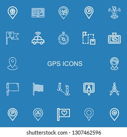 Editable 22 gps icons for web and mobile. Set of gps included icons line Placeholder, Gps, Locate, Flag, Autonomous car, Compass, Route, Location, Location pin on blue background