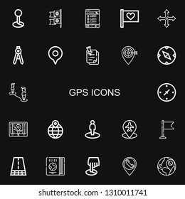 Editable 22 gps icons for web and mobile. Set of gps included icons line Placeholder, Flags, Tracking, Flag, Position, Compass, Location, Pinned, Cardinal points on black background