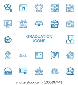 Editable 22 graduation icons for web and mobile. Set of graduation included icons line Mortarboard, Elearning, Student, School, Diploma, Online education, Success on white background