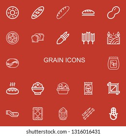 Editable 22 grain icons for web and mobile. Set of grain included icons line Bagel, Bread, Peanut, Soy eggs, Corn, Wheat, Field, Coffee bean, Seed bag, Rice on red background
