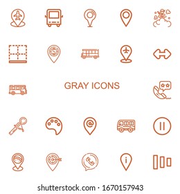 Editable 22 gray icons for web and mobile. Set of gray included icons line Placeholder, Bus, Smoke bomb, Bottom, Resize, Phone call, Scoop, Paint palette, Pause on white background
