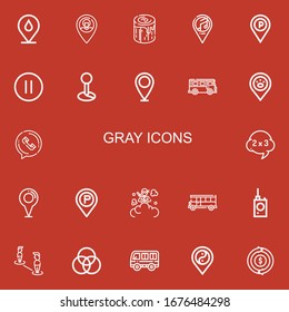 Editable 22 iconos grises para web y móvil. Conjunto de iconos grises incluidos línea Marcador de posición, registro, pausa, bus, llamada telefónica, problema, bomba de humo, detector de errores, Paleta en fondo rojo