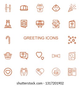 Editable 22 greeting icons for web and mobile. Set of greeting included icons line Deal, Sponge cake, Present, Baby boy, Confetti, Rabbit, Invitation, Bow on white background