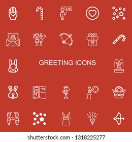 Editable 22 greeting icons for web and mobile. Set of greeting included icons line Love, Candy cane, Greeting, Confetti, Birthday invitation, Christmas party on red background