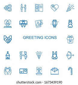 Editable 22 greeting icons for web and mobile. Set of greeting included icons line Thai, Deal, Postcard, Gift box, Confetti, Fountain, Bow, Invitation, Lantern on white background