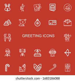 Editable 22 greeting icons for web and mobile. Set of greeting included icons line Rabbit, Lantern, Invitation, Surprised, Candy corn, Bauble, Postcard, Greeting card on red background