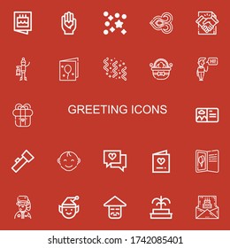 Editable 22 greeting icons for web and mobile. Set of greeting included icons line Invitation, Love, Confetti, Thai, Deal, Lantern, Birthday card, Easter eggs on red background