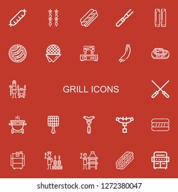 Editable 22 grill icons for web and mobile. Set of grill included icons line Sausage, Brochette, Hot dog, Meat, Barbecue, Stroopwafel, Waffle iron, Steak, Tandoor on red background