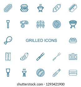 Editable 22 grilled icons for web and mobile. Set of grilled included icons line Hot dog, Hamburguer, Grill, Sausage, Spatula, Bbq, Barbecue, Chicken leg, Takoyaki on white background