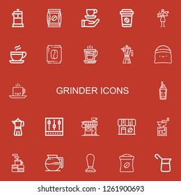 Editable 22 grinder icons for web and mobile. Set of grinder included icons line French press, Coffee, Barista, Coffee maker, Mixer, Coffee shop, Coffee grinder on red background