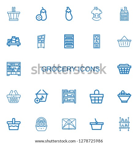 Editable 22 grocery icons for web and mobile. Set of grocery included icons line Basket, Aubergine, Bitten apple, Clerk, Shelf, Shelves, Fruit bowl, Section on white background