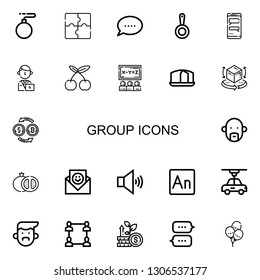 Editable 22 group icons for web and mobile. Set of group included icons line Bomb, Puzzle, Chat, Pan, Manager, Cherry, Class, Sponge cake, d, Conversion, Avatar on white background