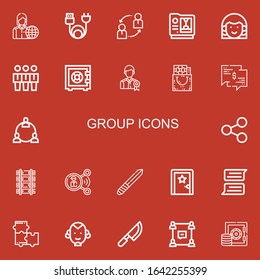 Editable 22 group icons for web and mobile. Set of group included icons line Employee, Charge, Sharing, d, Avatar, Team, Safebox, Gift bag, Chat, Network, Share on red background