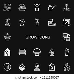 Editable 22 grow icons for web and mobile. Set of grow included icons line Park, Harvest, Plant, Watering can, Sprout, Crop, Flower pot, Responsive, Bench on black background