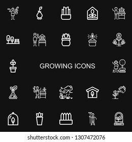 Editable 22 growing icons for web and mobile. Set of growing included icons line Gardener, Root, Plant, Greenhouse, Garden, Gardening, Growth on black background