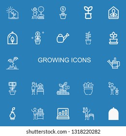 Editable 22 growing icons for web and mobile. Set of growing included icons line Greenhouse, Garden, Growth, Plant, Watering can, Gardener, Root, Profits on blue background