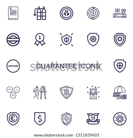 Editable 22 guarantee icons for web and mobile. Set of guarantee included icons line GDPR, Oxigen, Shield, Refund, Control, Guarantee, Quality, Antivirus, Lifetime on white background