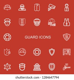 Editable 22 guard icons for web and mobile. Set of guard included icons line Shield, Bodyguard, Vest, Cctv, Policeman, Protection, Lifejacket, Lifesaver, Sheriff on red background