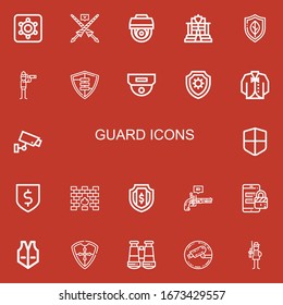 Editable 22 guard icons for web and mobile. Set of guard included icons line Hidden camera, Lance, Cctv, Police, Shield, Vigilance, Vest, Firewall, Protection on red background